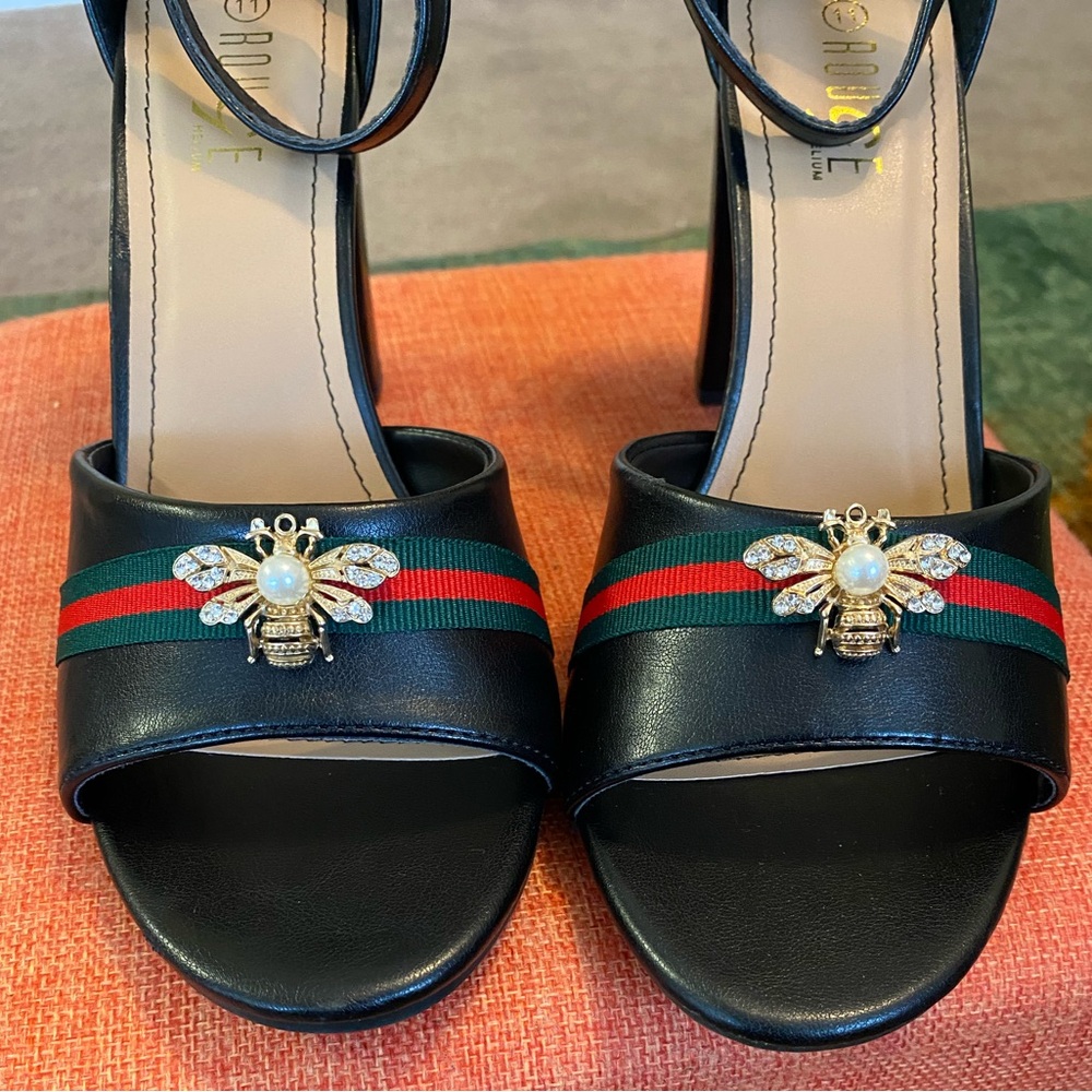 Bee Pendant Ankle Strap Block Heels